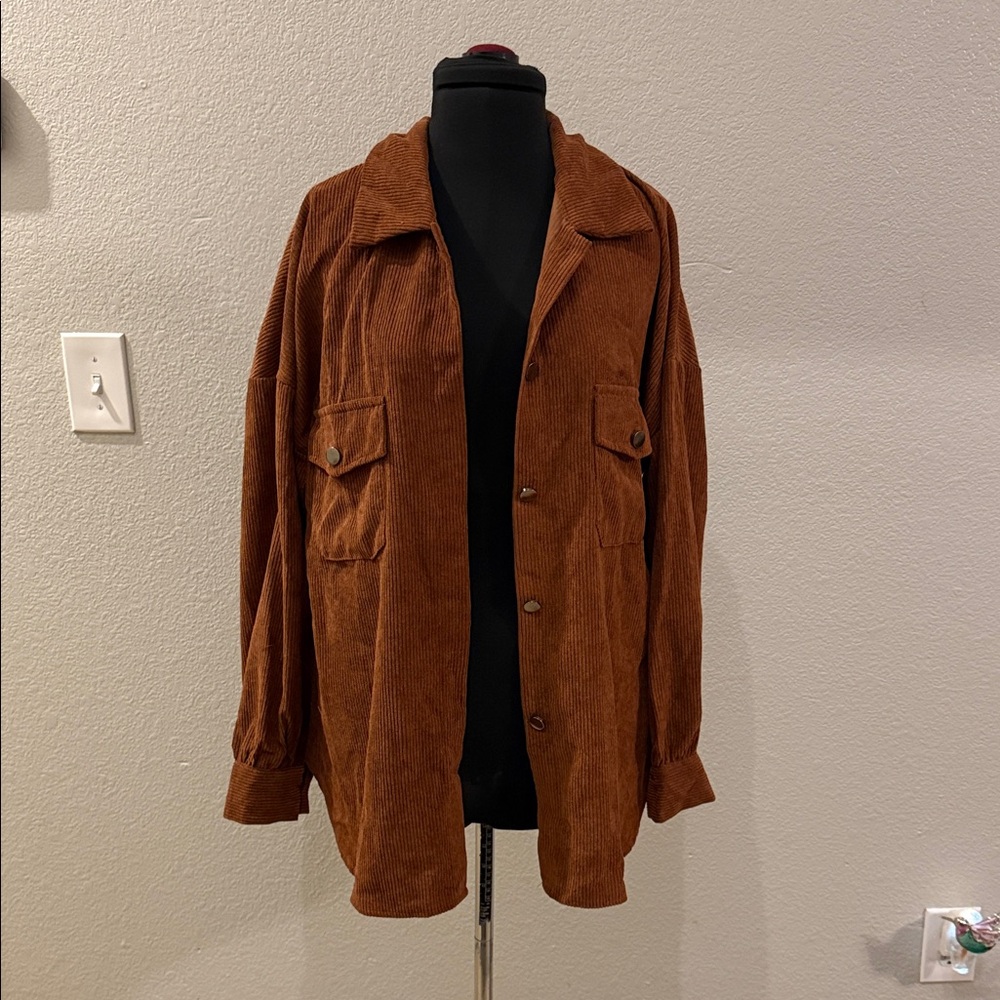 Oversized Corduroy Button-Up Shacket in Rust Brown - Picture 6 of 6